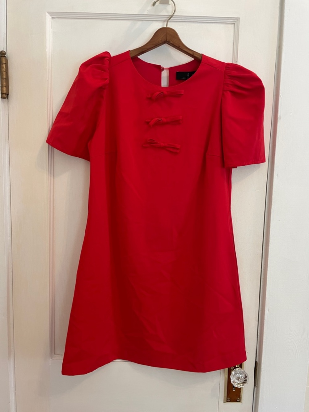 New Abbey Glass Marty Crew Neck Short Puff Sleeve Bow Mini Shift Dress Small